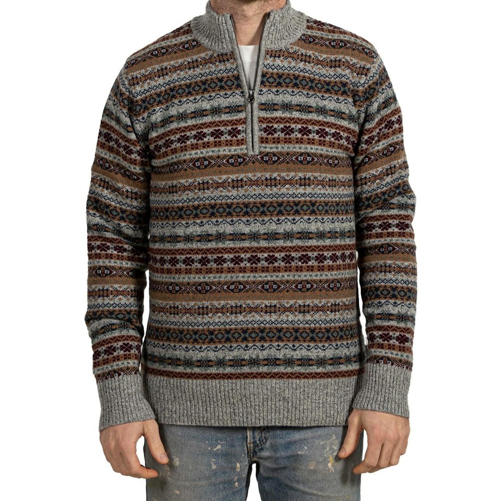 Schott Bros Mens XL Fair Isle Wool Blend Quarter Zip Sweater Grey Multi New